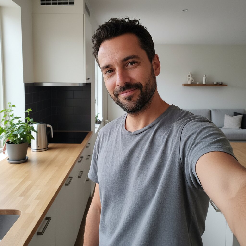 Casual iPhone-selfie taget hjemme i køkkenet