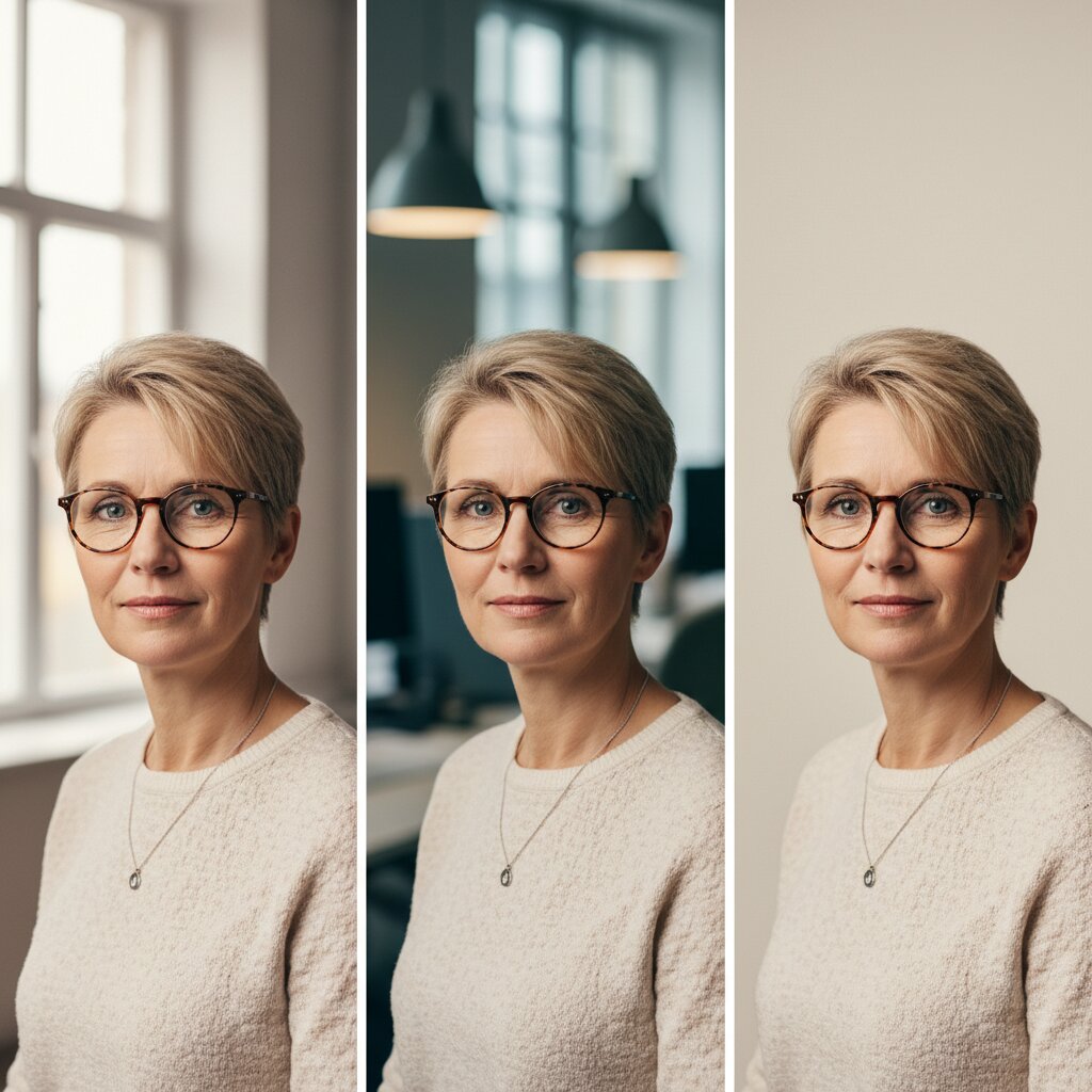 Samme person vist i tre forskellige professionelle baggrunde med bevaret identitet