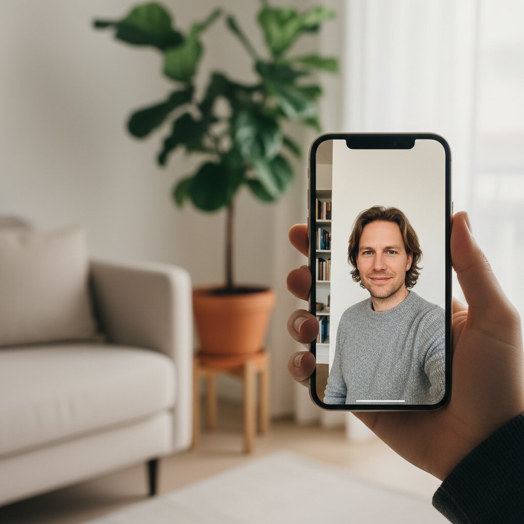 iPhone in hand showing a casual selfie