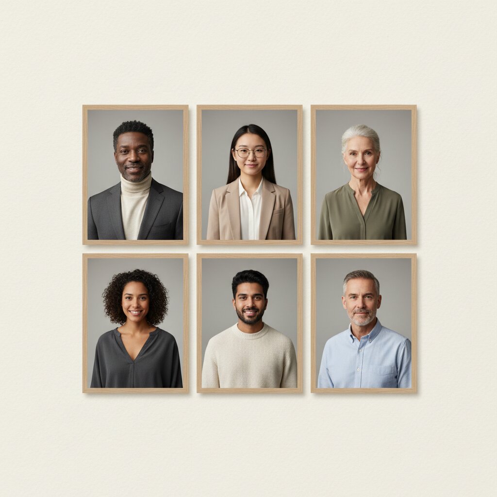 Seks forskellige professionelle i konsistent studie-stil